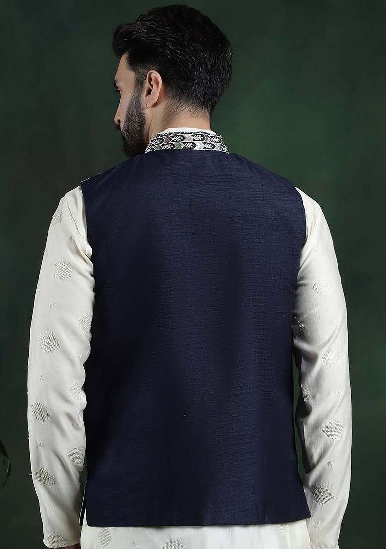 Navy Blue Embroidered Silk Blend Nehru Jackets For Men - Indya