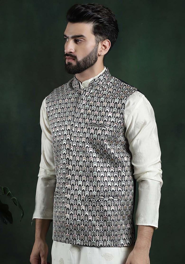 Navy Blue Embroidered Silk Nehru Jackets For Men