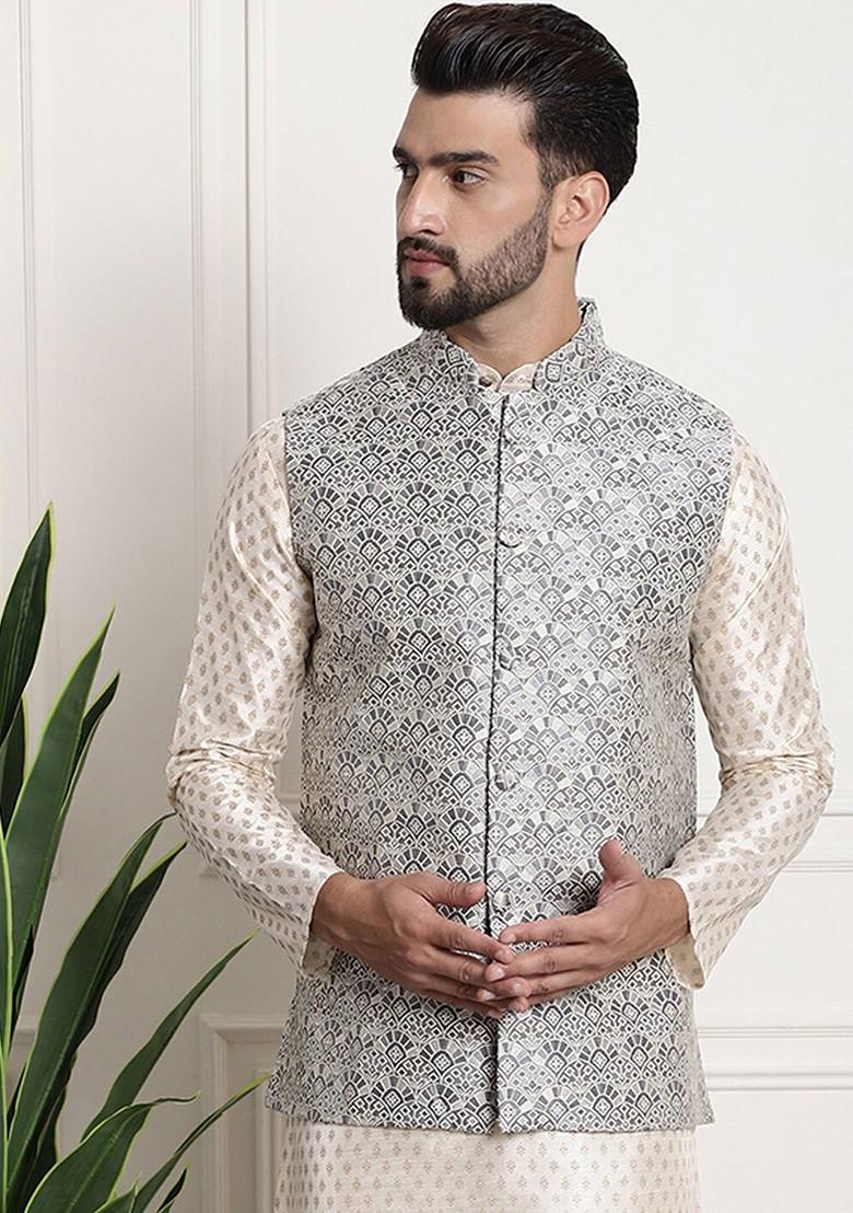 Grey Ethnic Motifs Poly Blend Nehru Jackets For Men