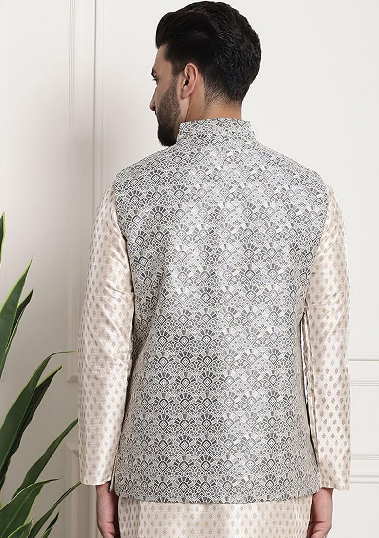 Grey Ethnic Motifs Poly Blend Nehru Jackets For Men