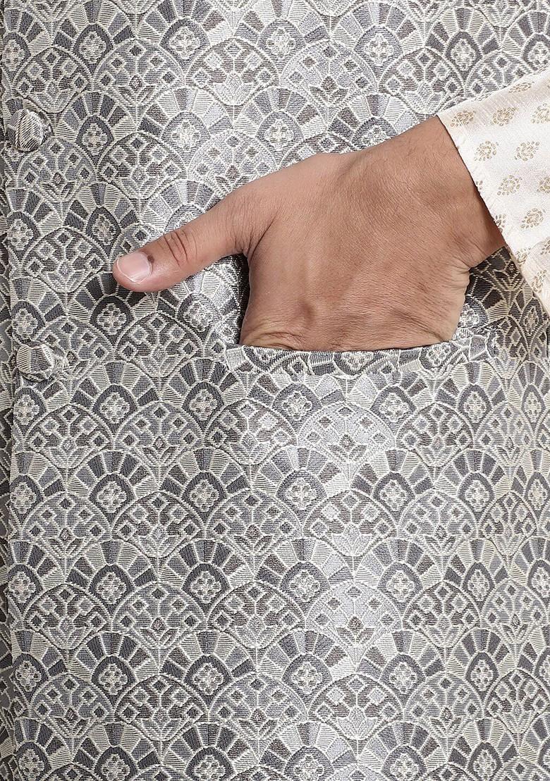 Grey Ethnic Motifs Poly Blend Nehru Jackets For Men