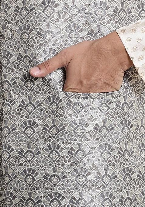 Grey Ethnic Motifs Poly Blend Nehru Jackets For Men