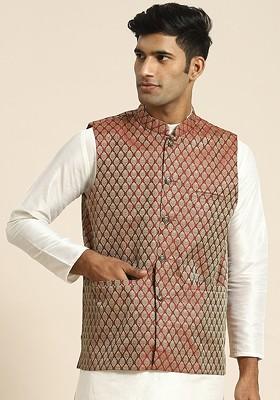 Maroon Woven Poly Blend Nehru Jackets For Men