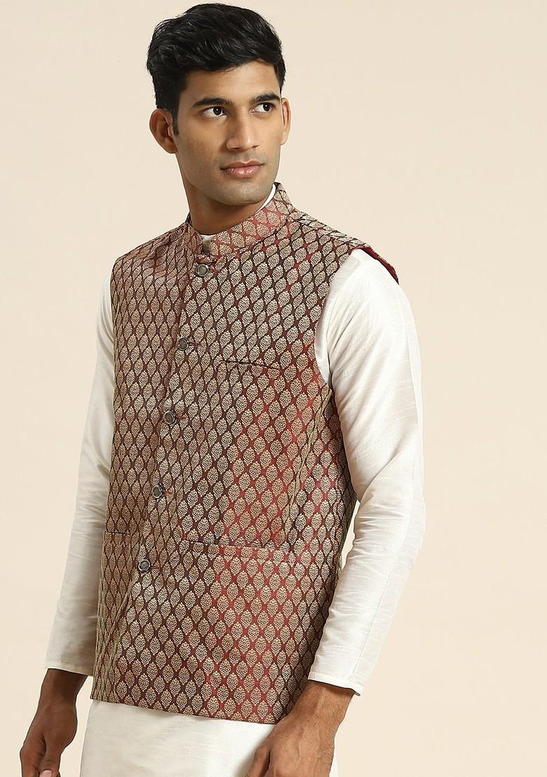 Maroon Woven Poly Blend Nehru Jackets For Men