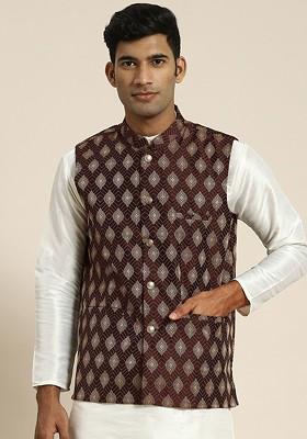 Purple Woven Poly Blend Nehru Jackets For Men