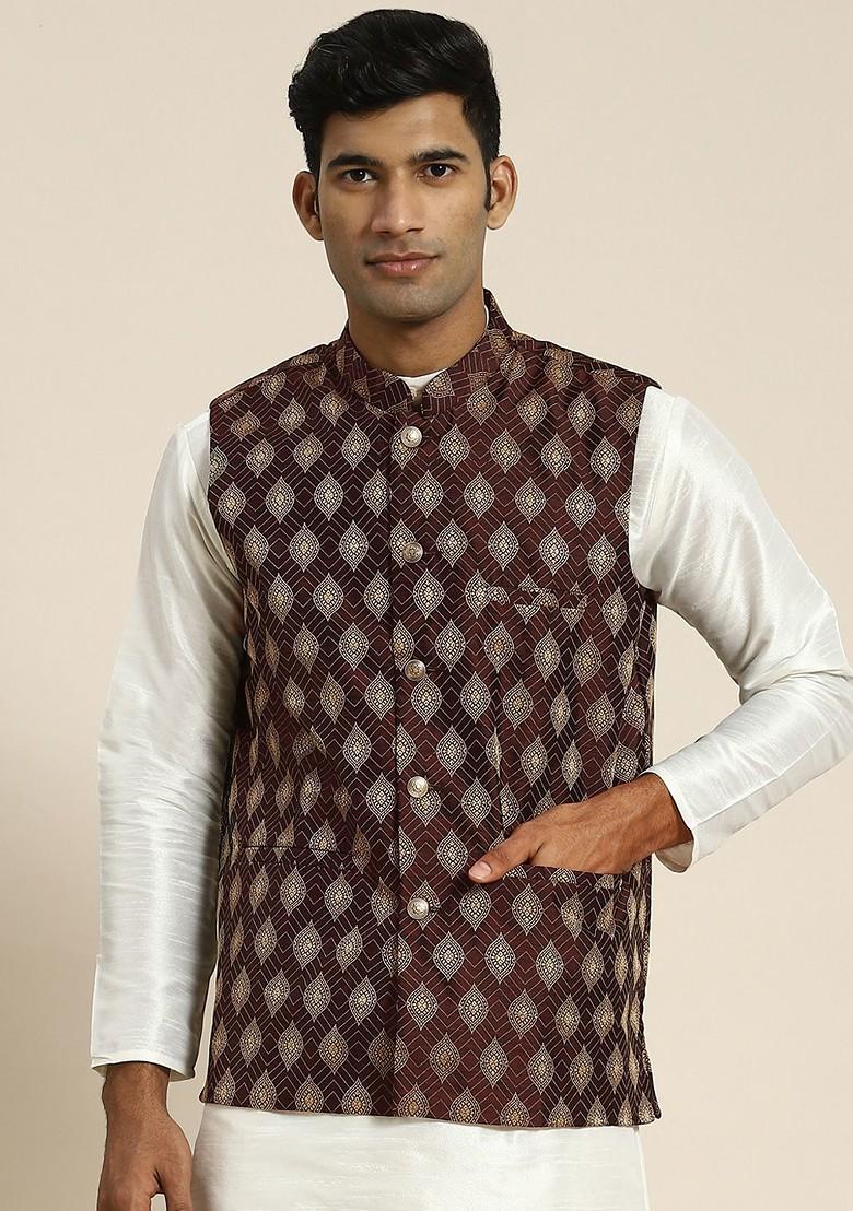 Purple Woven Poly Blend Nehru Jackets For Men