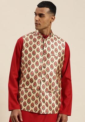 Red Printed Poly Blend Nehru Jackets For Men