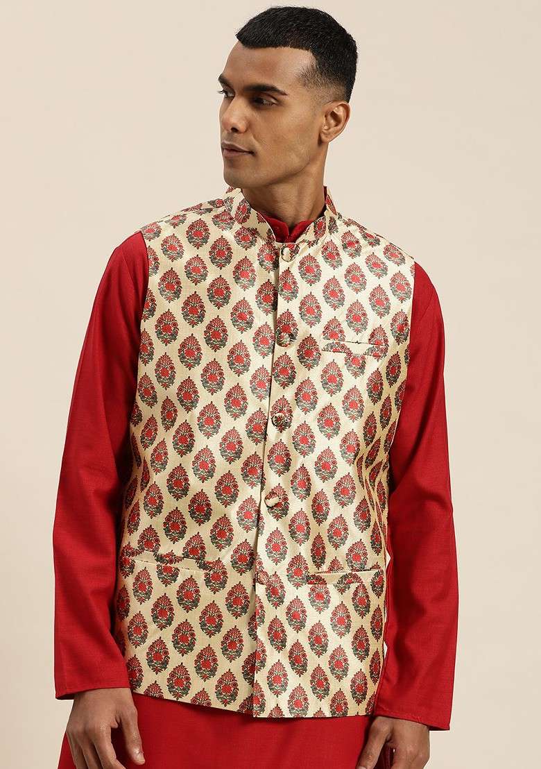 Red Printed Poly Blend Nehru Jackets For Men - Indya