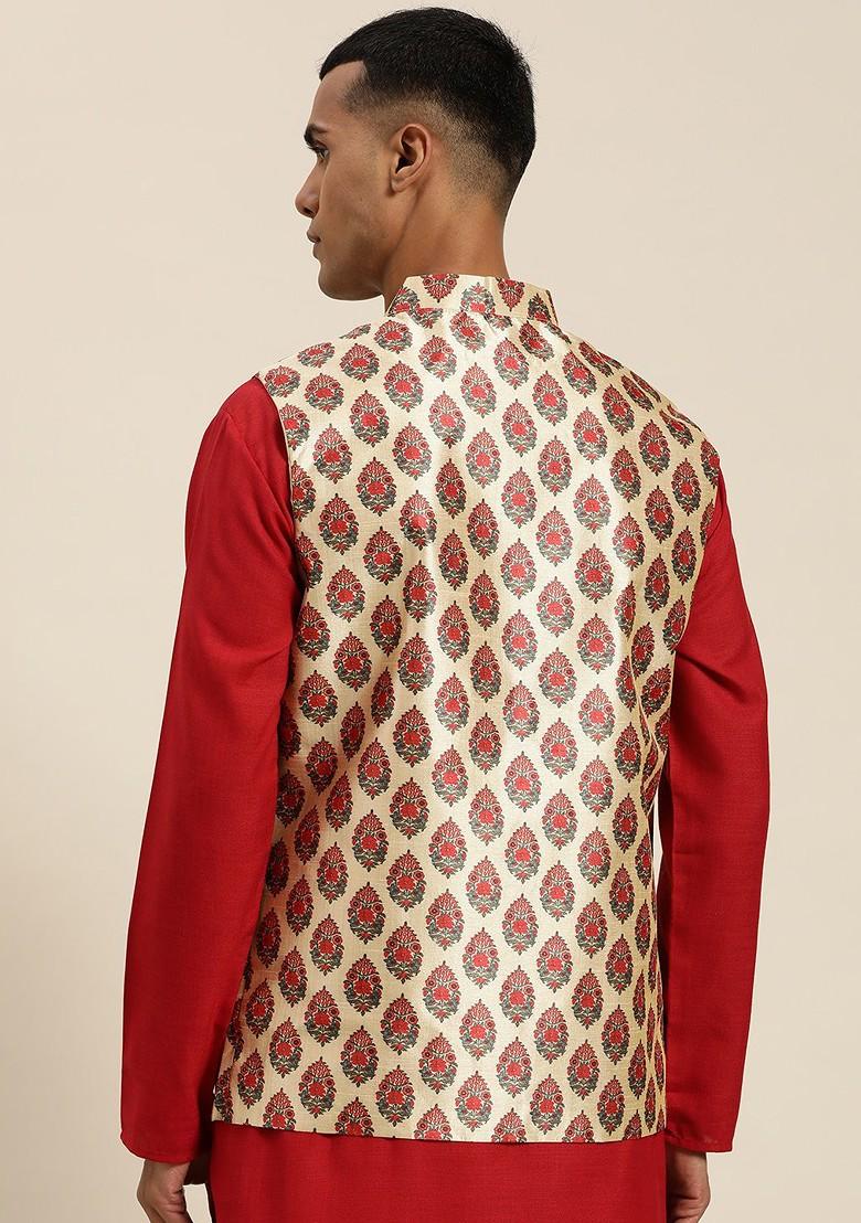 Red Printed Poly Blend Nehru Jackets For Men