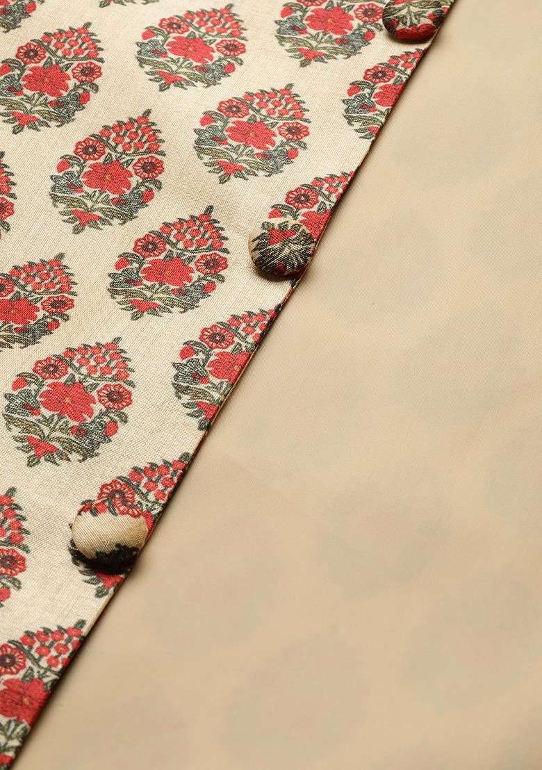 Red Printed Poly Blend Nehru Jackets For Men - Indya