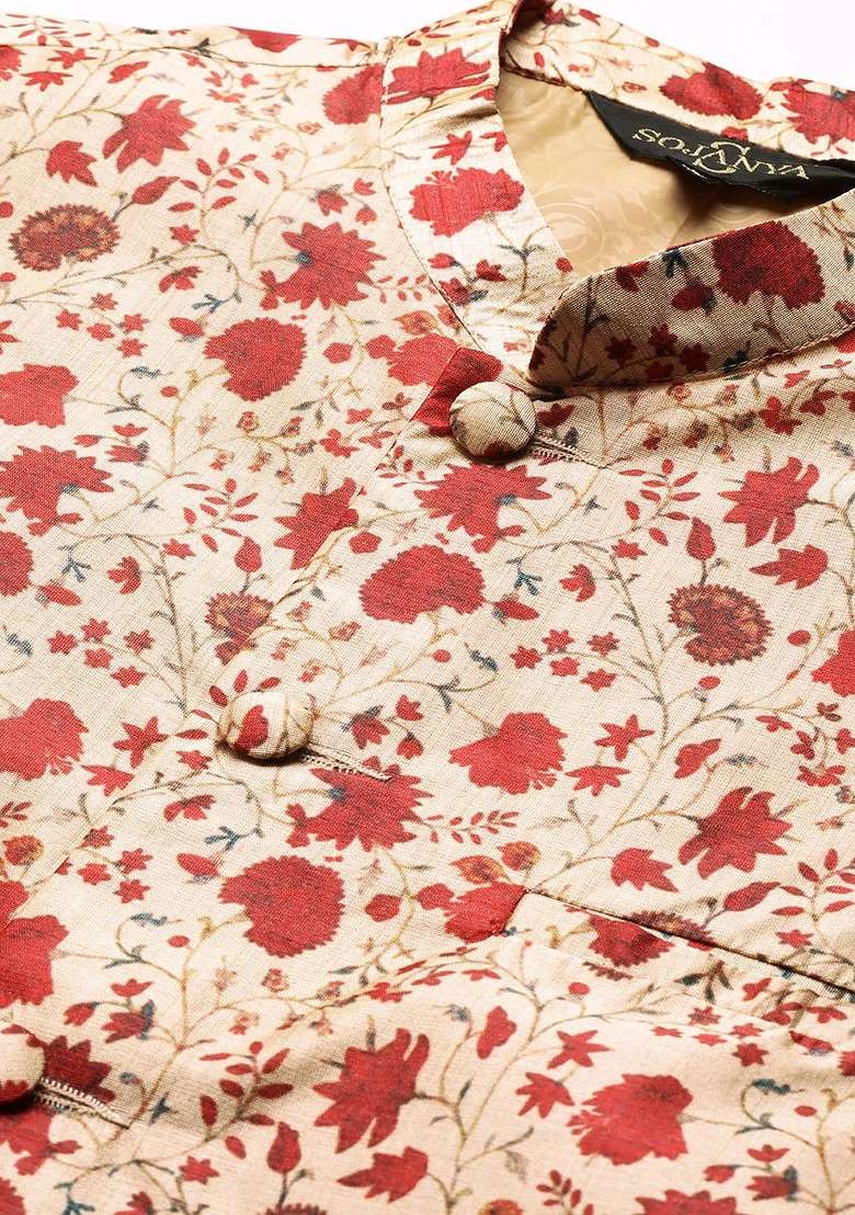 Red Printed Poly Blend Nehru Jackets For Men - Indya
