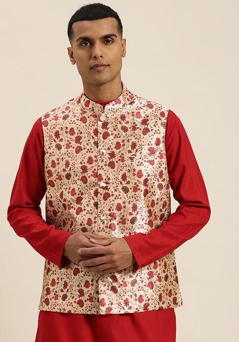 Red Printed Poly Blend Nehru Jackets For Men — view on Indya