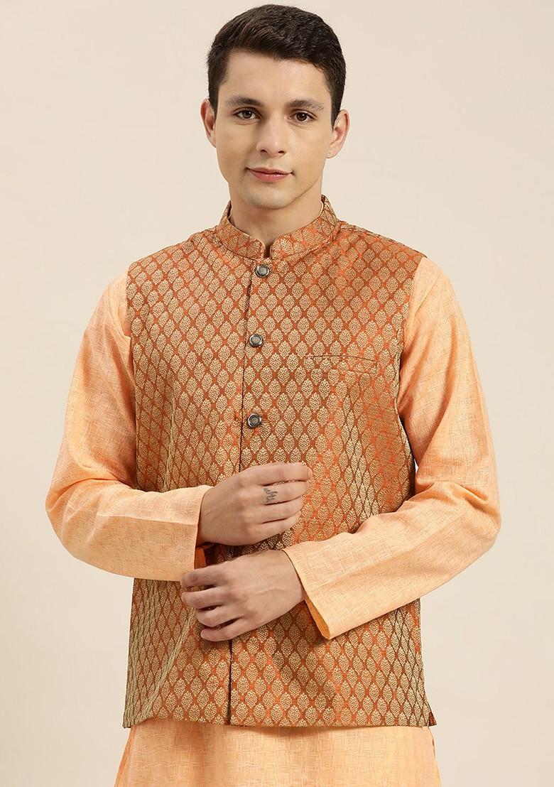 Orange Woven Silk Nehru Jackets For Men