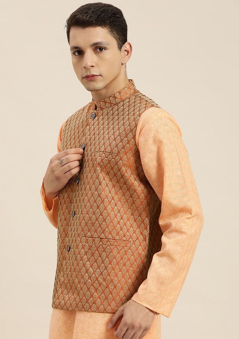 Orange Woven Silk Nehru Jackets For Men
