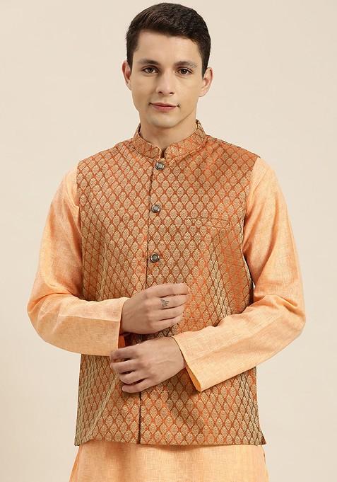 Orange Woven Silk Nehru Jackets For Men
