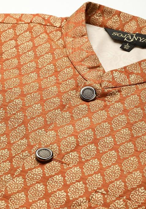 Orange Woven Silk Nehru Jackets For Men