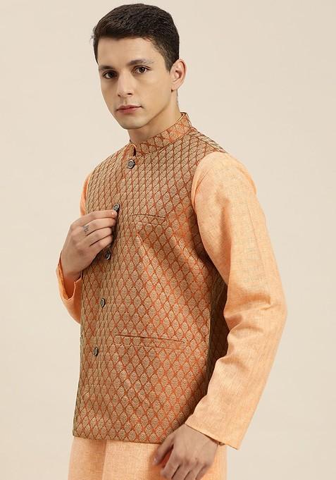 Orange Woven Silk Nehru Jackets For Men