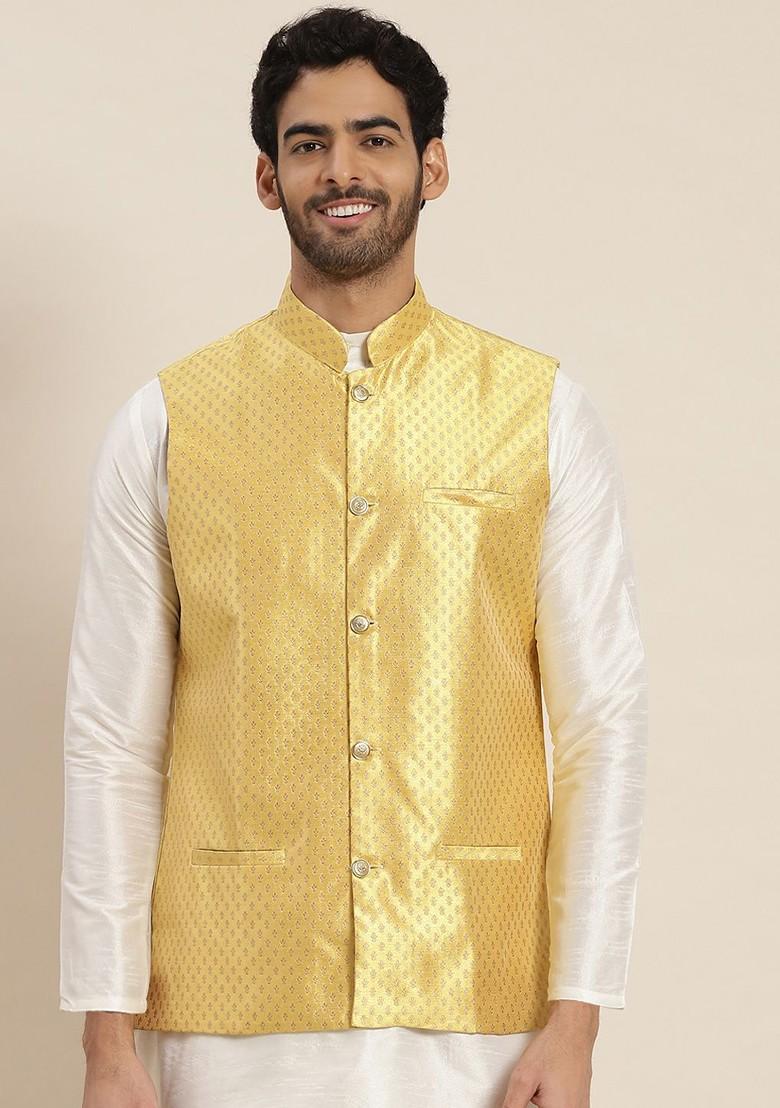 Yellow Solid Silk Nehru Jackets For Men