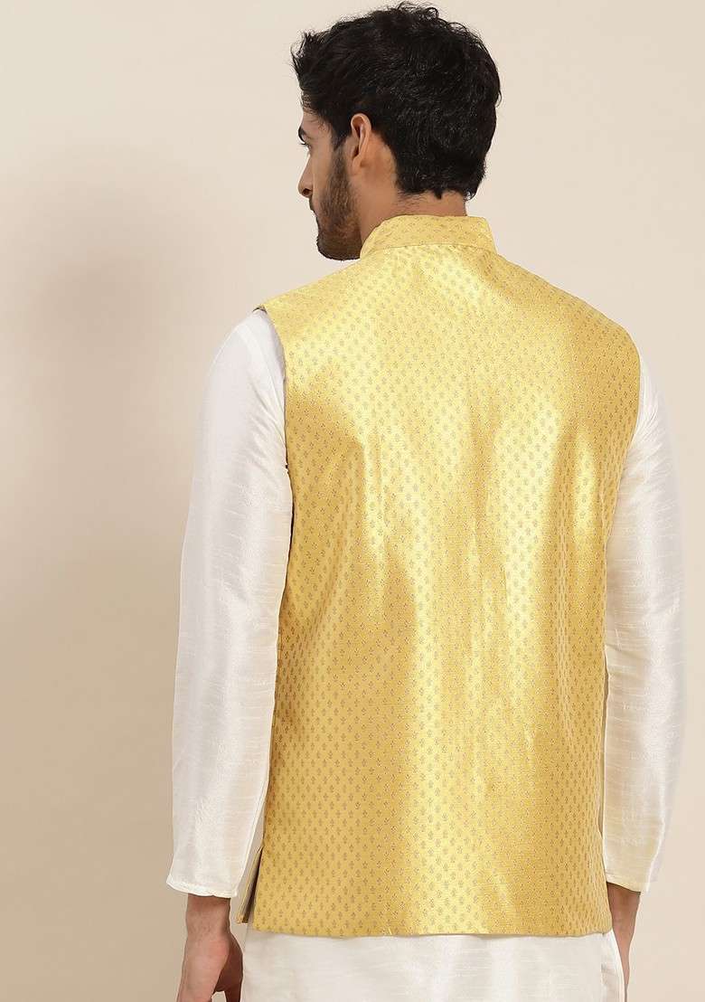 Yellow Solid Silk Nehru Jackets For Men - Indya