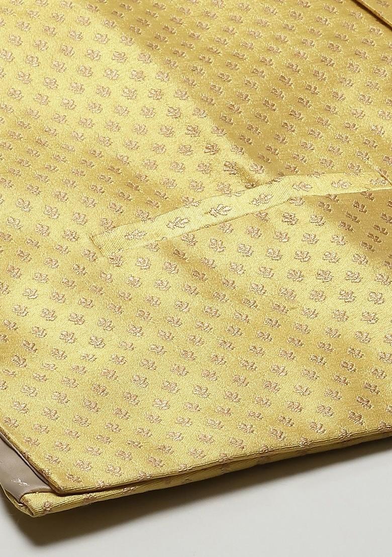 Yellow Solid Silk Nehru Jackets For Men