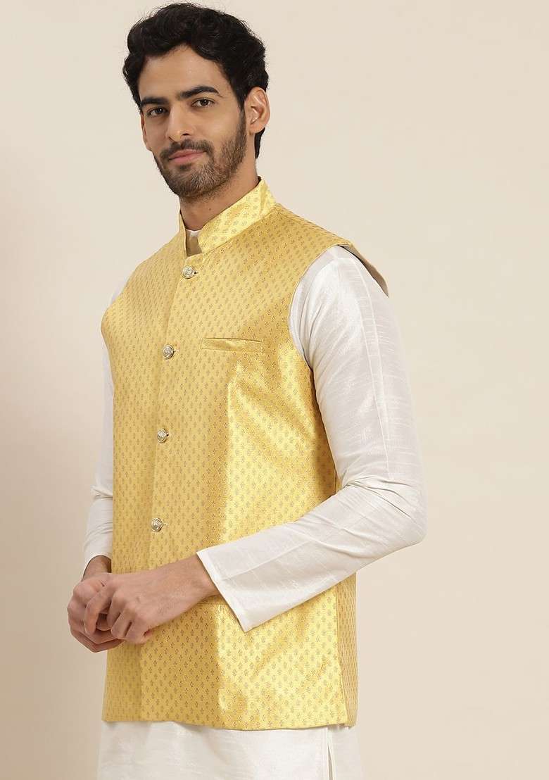 Yellow Solid Silk Nehru Jackets For Men - Indya