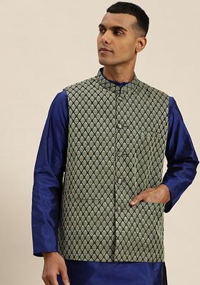 Green Woven Silk Nehru Jackets For Men