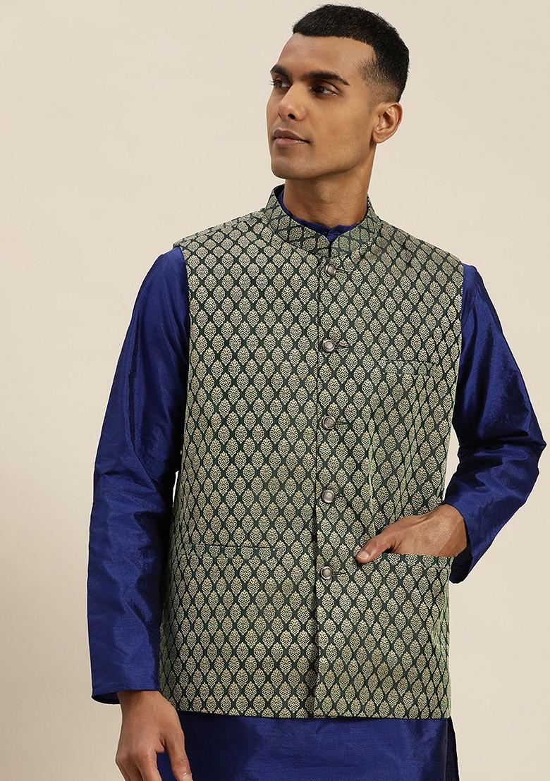 Green Woven Silk Nehru Jackets For Men