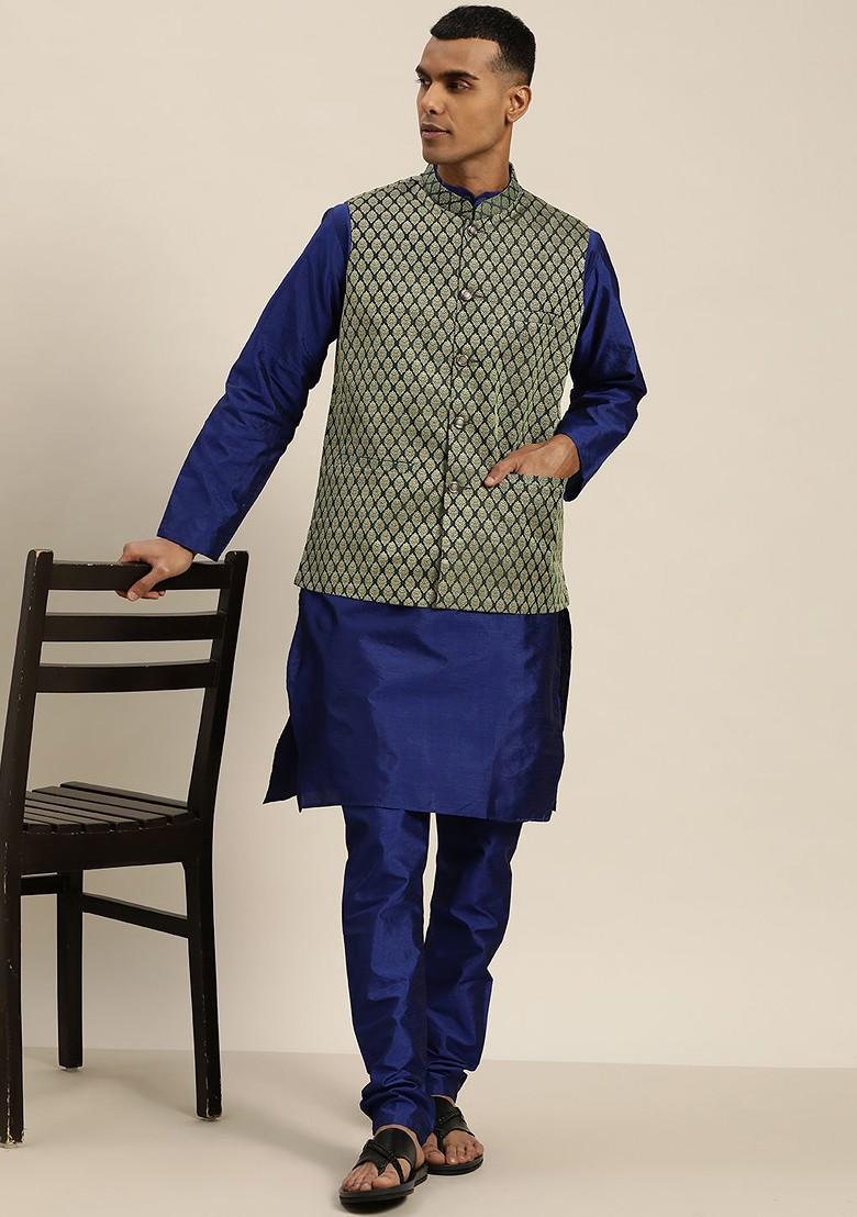 Green Woven Silk Nehru Jackets For Men