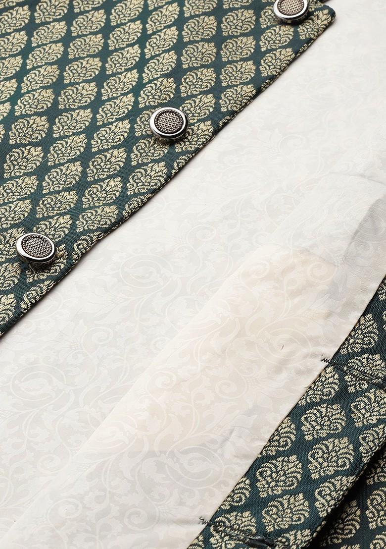 Green Woven Silk Nehru Jackets For Men