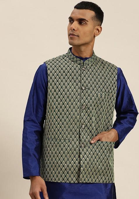 Green Woven Silk Nehru Jackets For Men