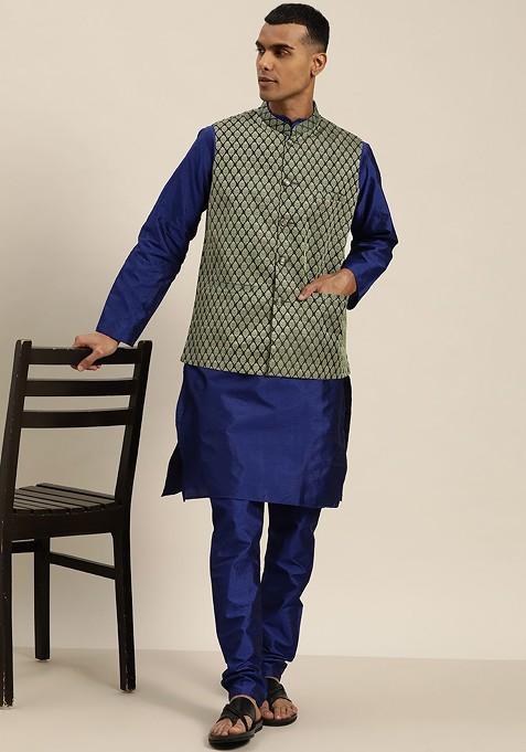 Green Woven Silk Nehru Jackets For Men