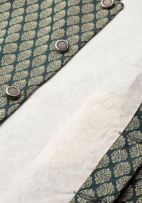 Green Woven Silk Nehru Jackets For Men