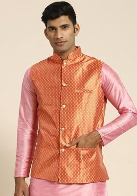 Orange Woven Poly Blend Nehru Jackets For Men
