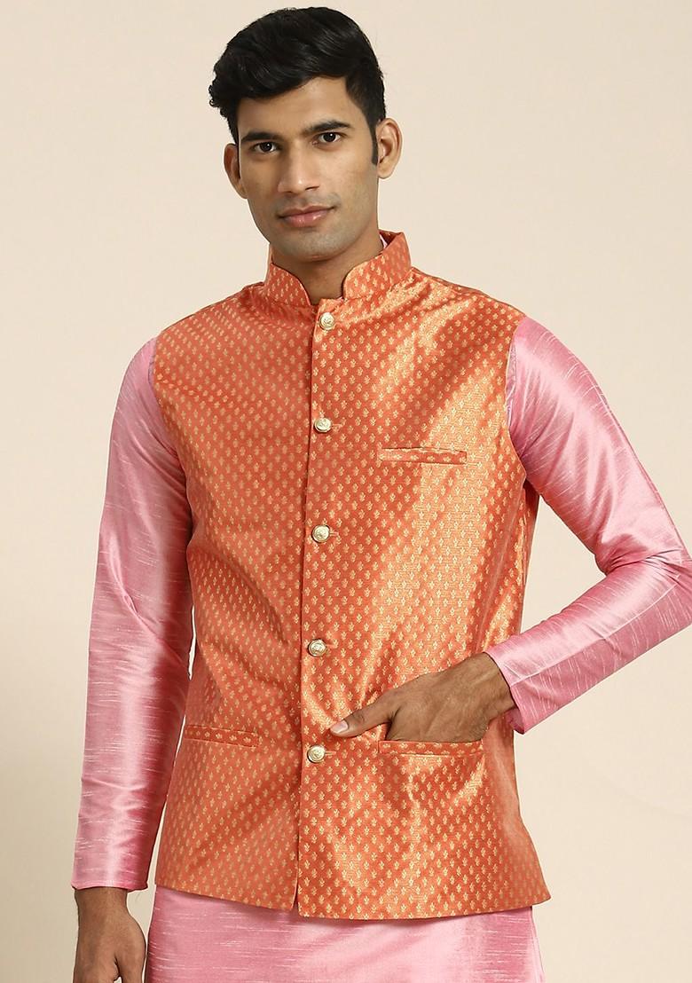 Orange Woven Poly Blend Nehru Jackets For Men