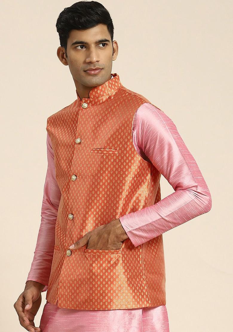 Orange Woven Poly Blend Nehru Jackets For Men