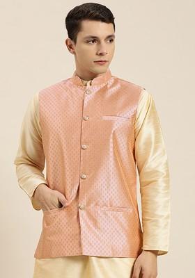 Peach Woven Silk Nehru Jackets For Men