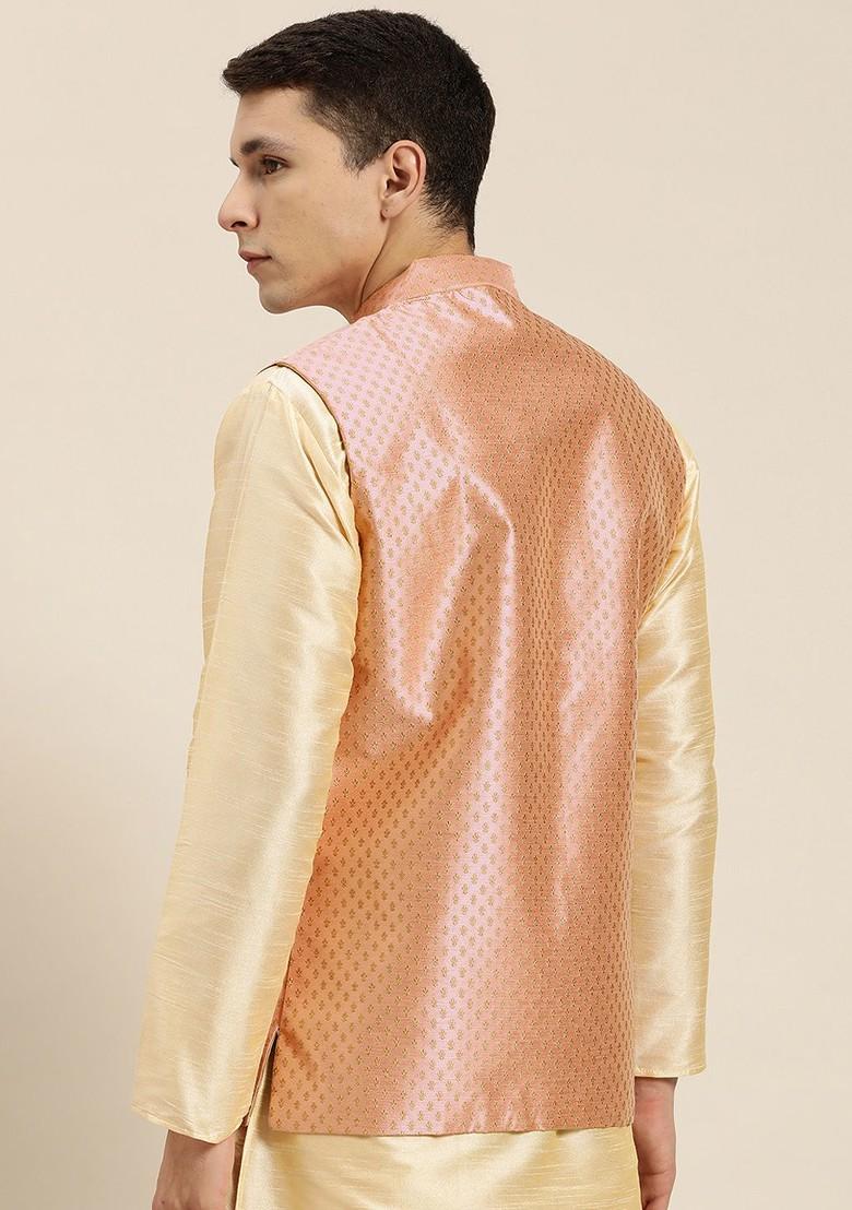 Peach Woven Silk Nehru Jackets For Men