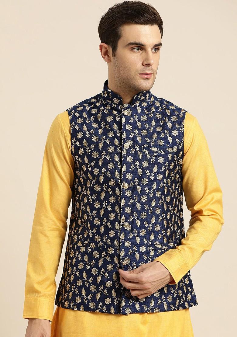 Navy Blue Woven Poly Blend Nehru Jackets For Men