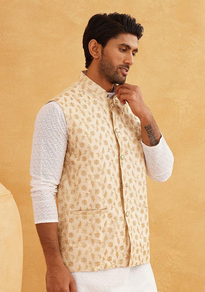 Beige Woven Poly Blend Nehru Jackets For Men