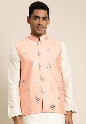 Peach Mirror Work Poly Blend Nehru Jackets For Men