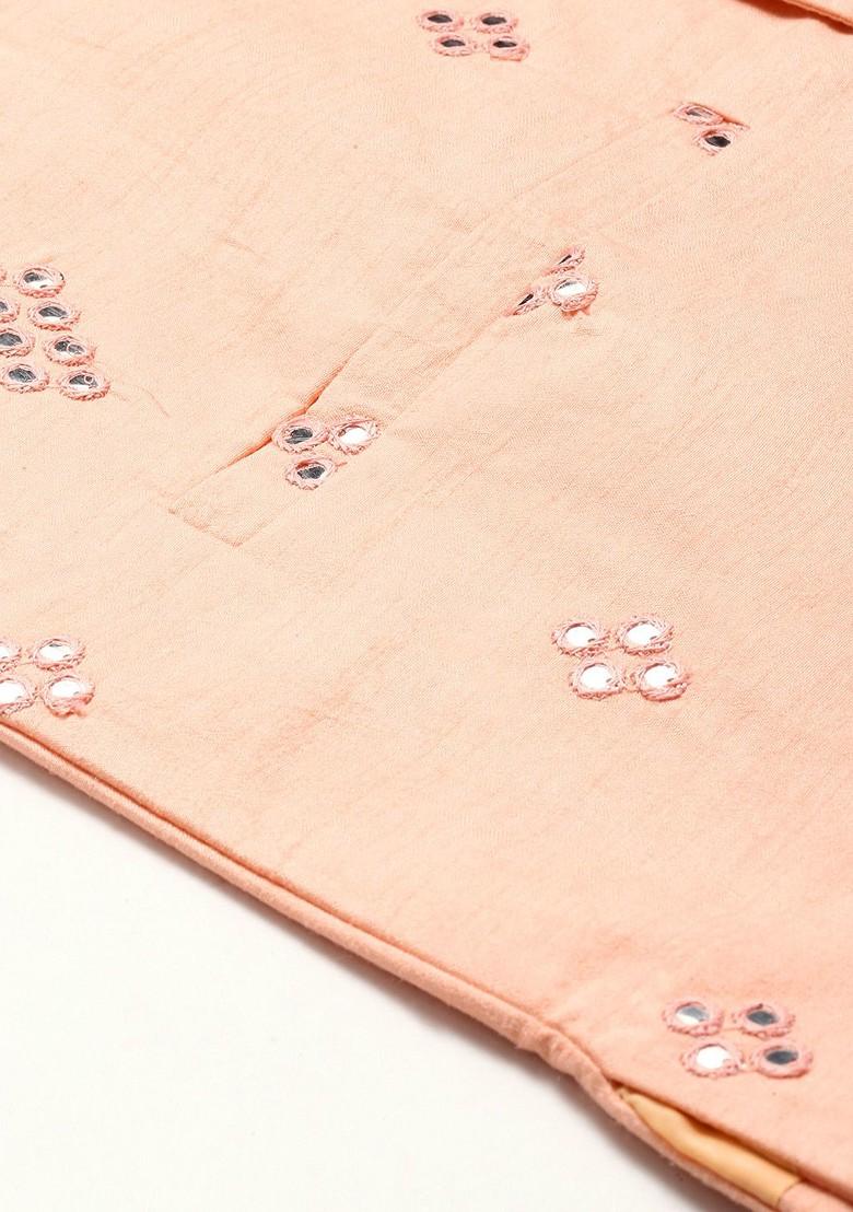 Peach Mirror Work Poly Blend Nehru Jackets For Men