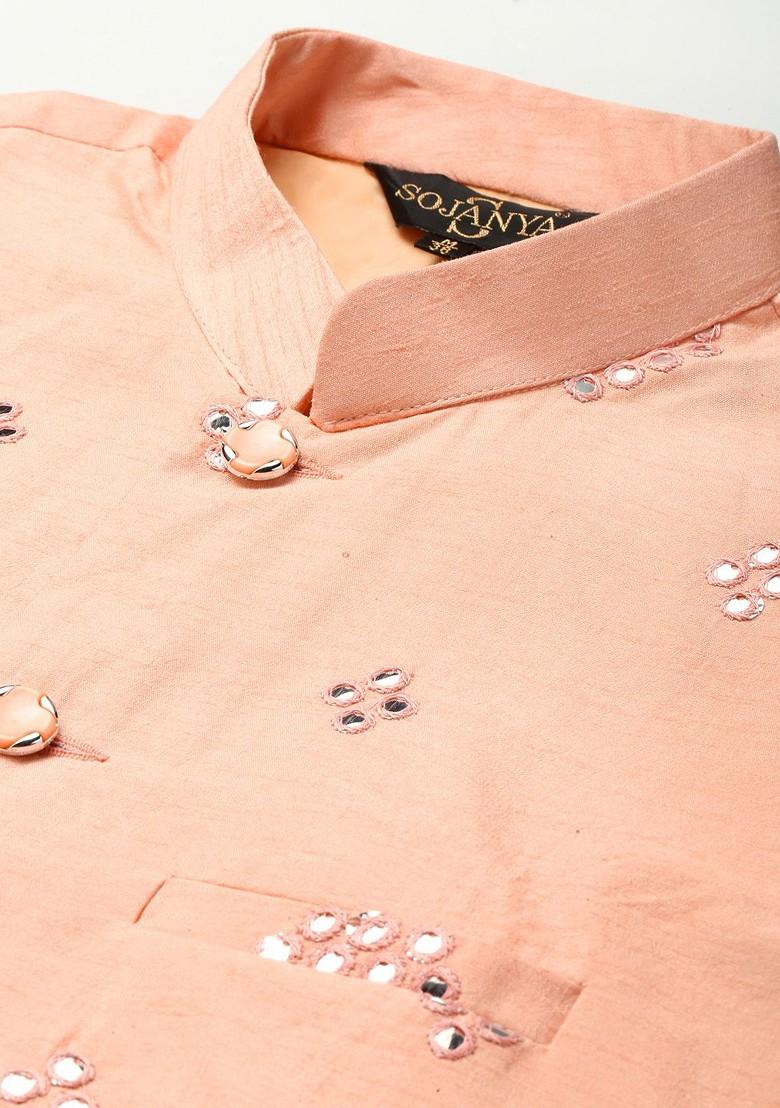 Peach Mirror Work Poly Blend Nehru Jackets For Men