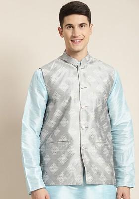 Grey Woven Poly Blend Nehru Jackets For Men