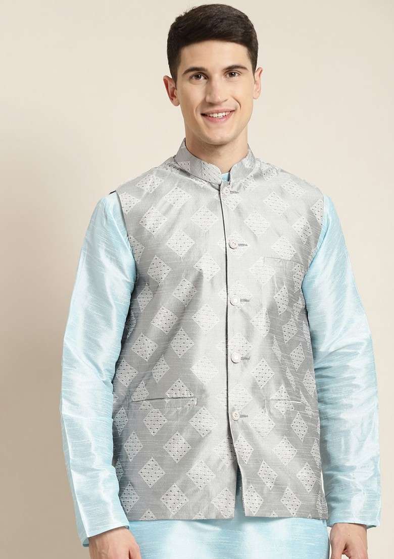 Grey Woven Poly Blend Nehru Jackets For Men - Indya