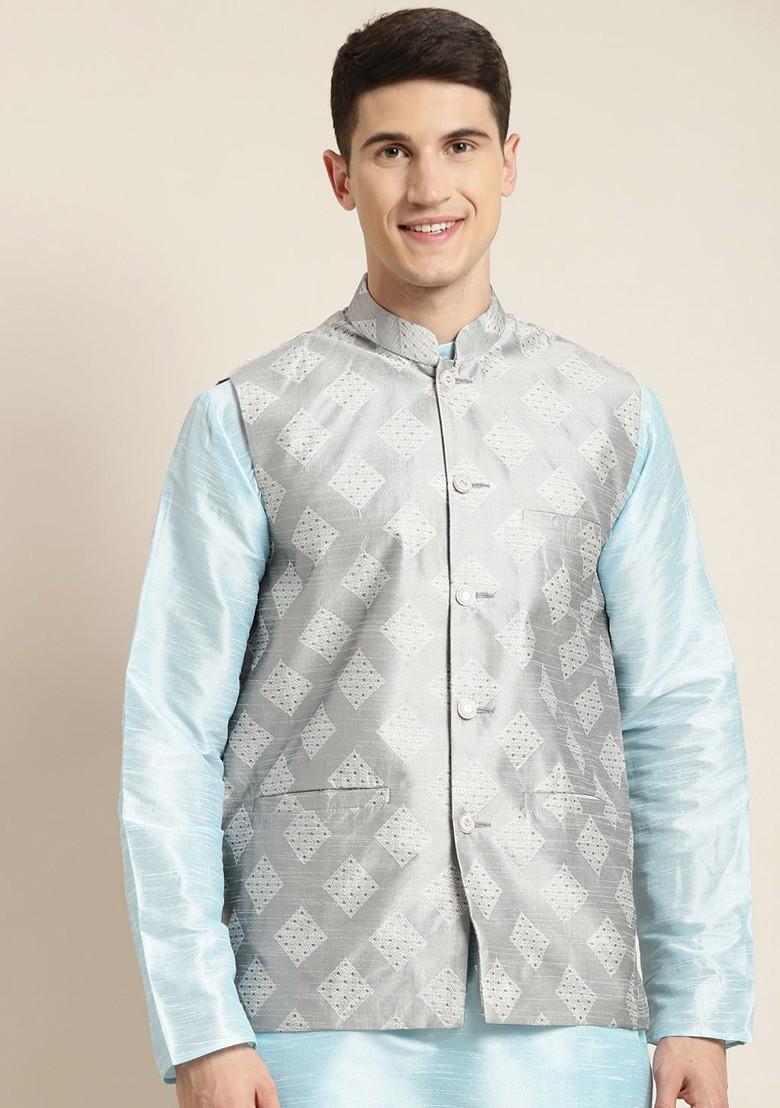 Grey Woven Poly Blend Nehru Jackets For Men
