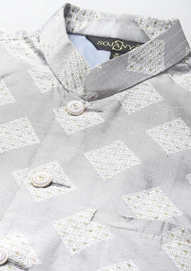 Grey Woven Poly Blend Nehru Jackets For Men - Indya