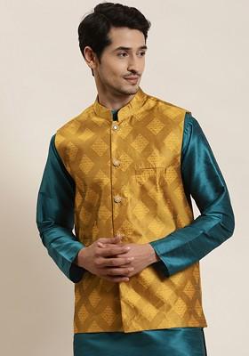 Mustard Woven Poly Blend Nehru Jackets For Men