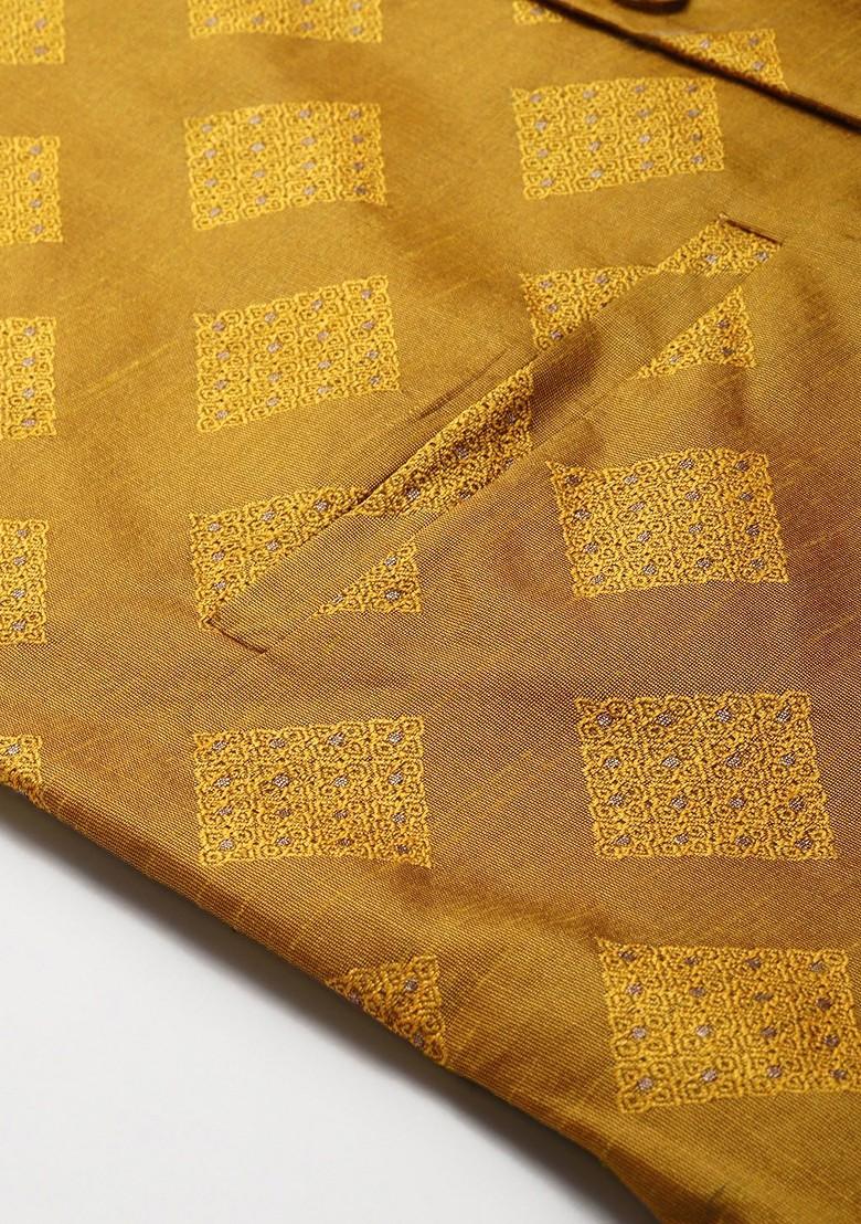 Mustard Woven Poly Blend Nehru Jackets For Men