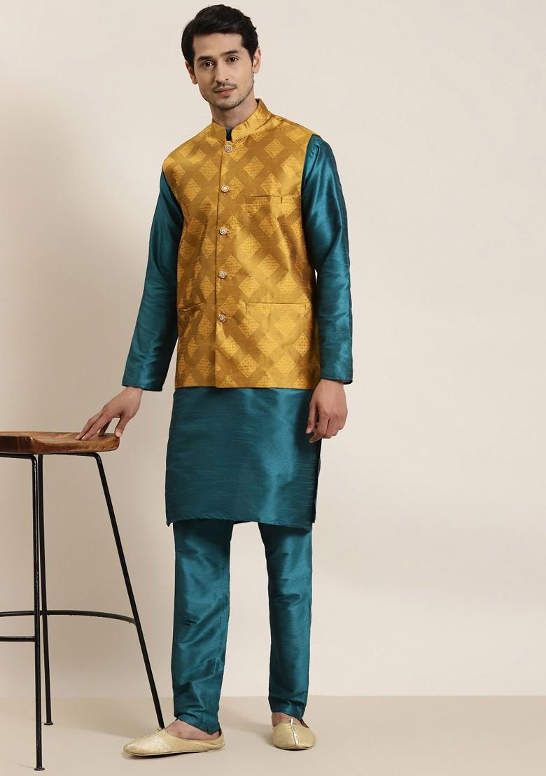 Mustard Woven Poly Blend Nehru Jackets For Men