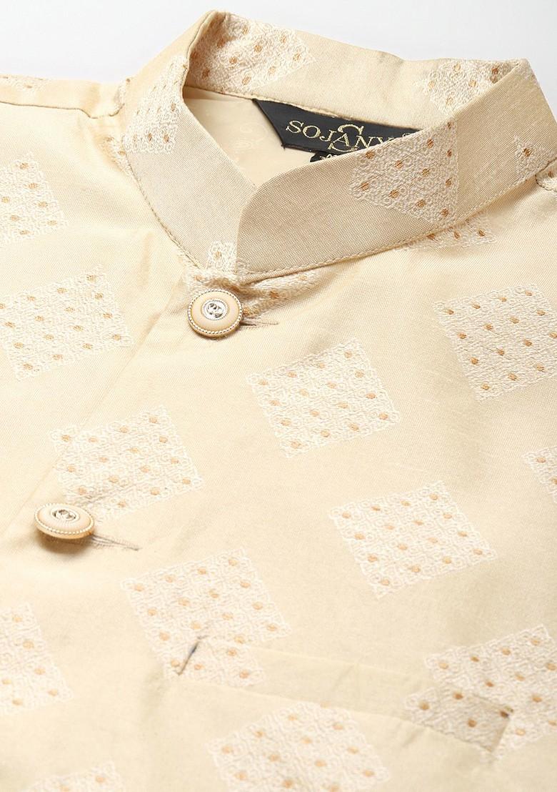 Cream Woven Poly Blend Nehru Jackets For Men
